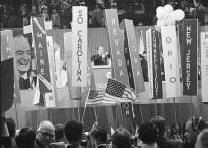 Democratic National Convention representatives cheer for Hubert Humphrey
